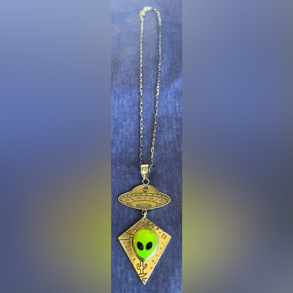 Jewelry - Sterling Silver Alien Pendant Necklace in Gold and Green